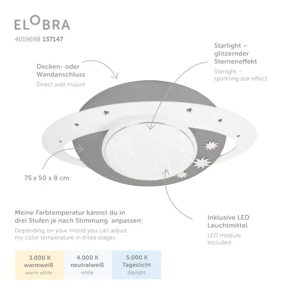 Stropné svietidlá -  Elobra Stropné svietidlo LED Saturn Starlight sivá